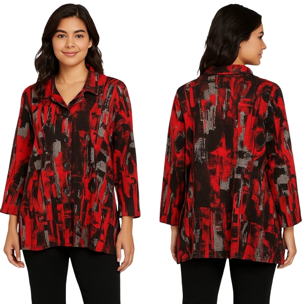 PARSLEY & SAGE Tunic Jacket Womens Plus 1X Red Black Abstract Button Front Artsy